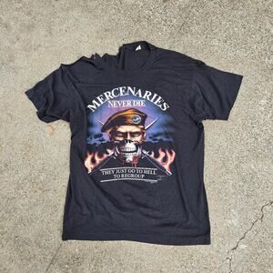 Vtg 80s MERCENARIES NEVER DIE Skull Distressed Military 3D Emblem T Shirt Med